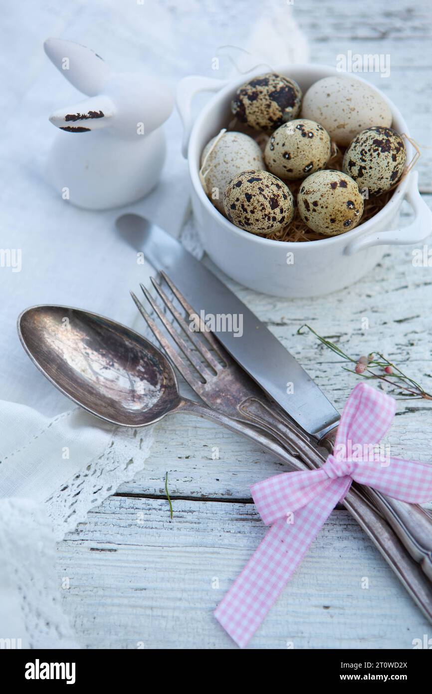 8 febbraio 2023: Pasqua, tovagliolo con coltello e forchetta con uova di quaglia e coniglio pasquale in ceramica *** Ostern, Serviette mit Messer e Gabel mit Wachteleiern und einem Keramik Osterhasen Credit: Imago/Alamy Live News Foto Stock