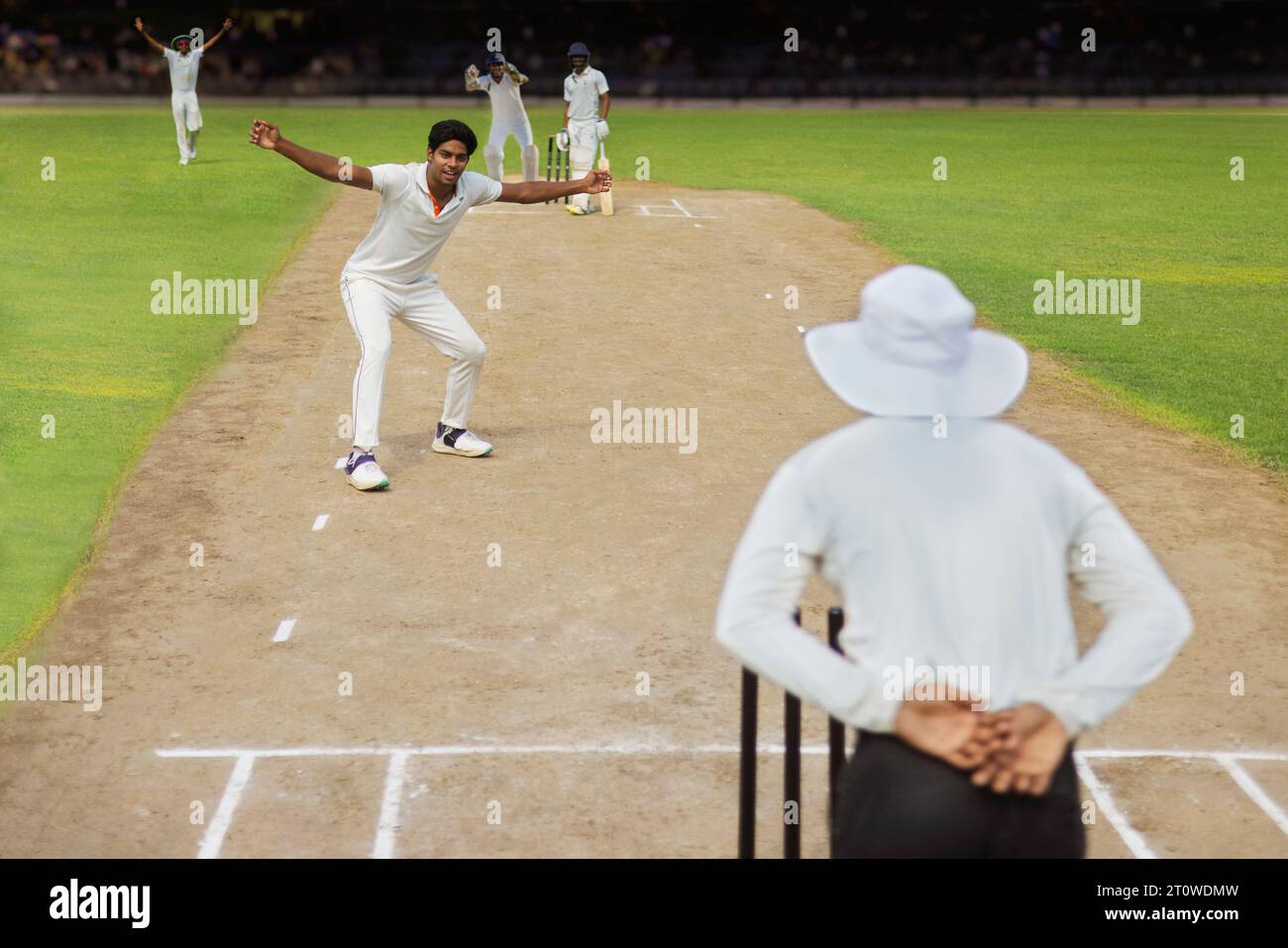 Un lanciatore e la squadra si appellano per uscire durante una partita di cricket Foto Stock
