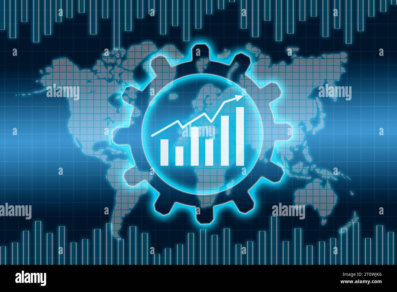 Grafico delle scorte brillante in Gear e mappa mondiale su schermo virtuale blu. Concetto di investimento e commercio. Rendering 3D. Foto Stock