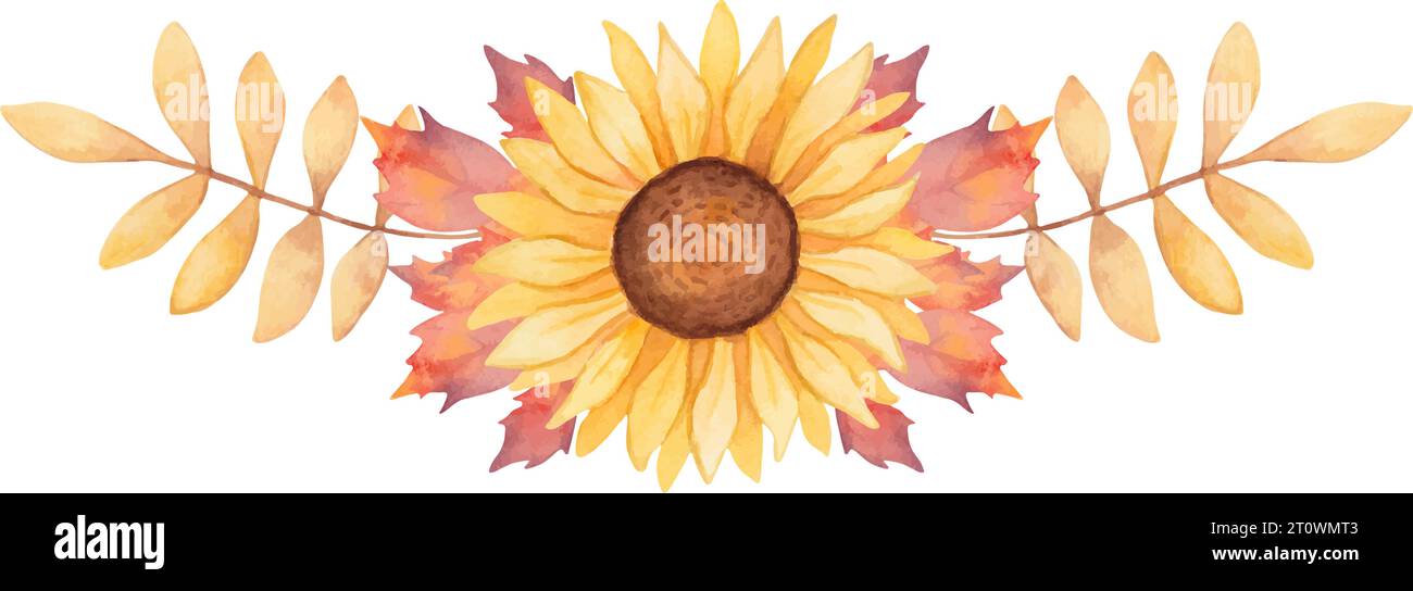 Composizione autunnale girasole con foglie di acero.cornice, striscione. Design per le vacanze stagionali. Ringraziamento, Halloween. Matrimonio in campagna. Acquerello Illustrazione Vettoriale