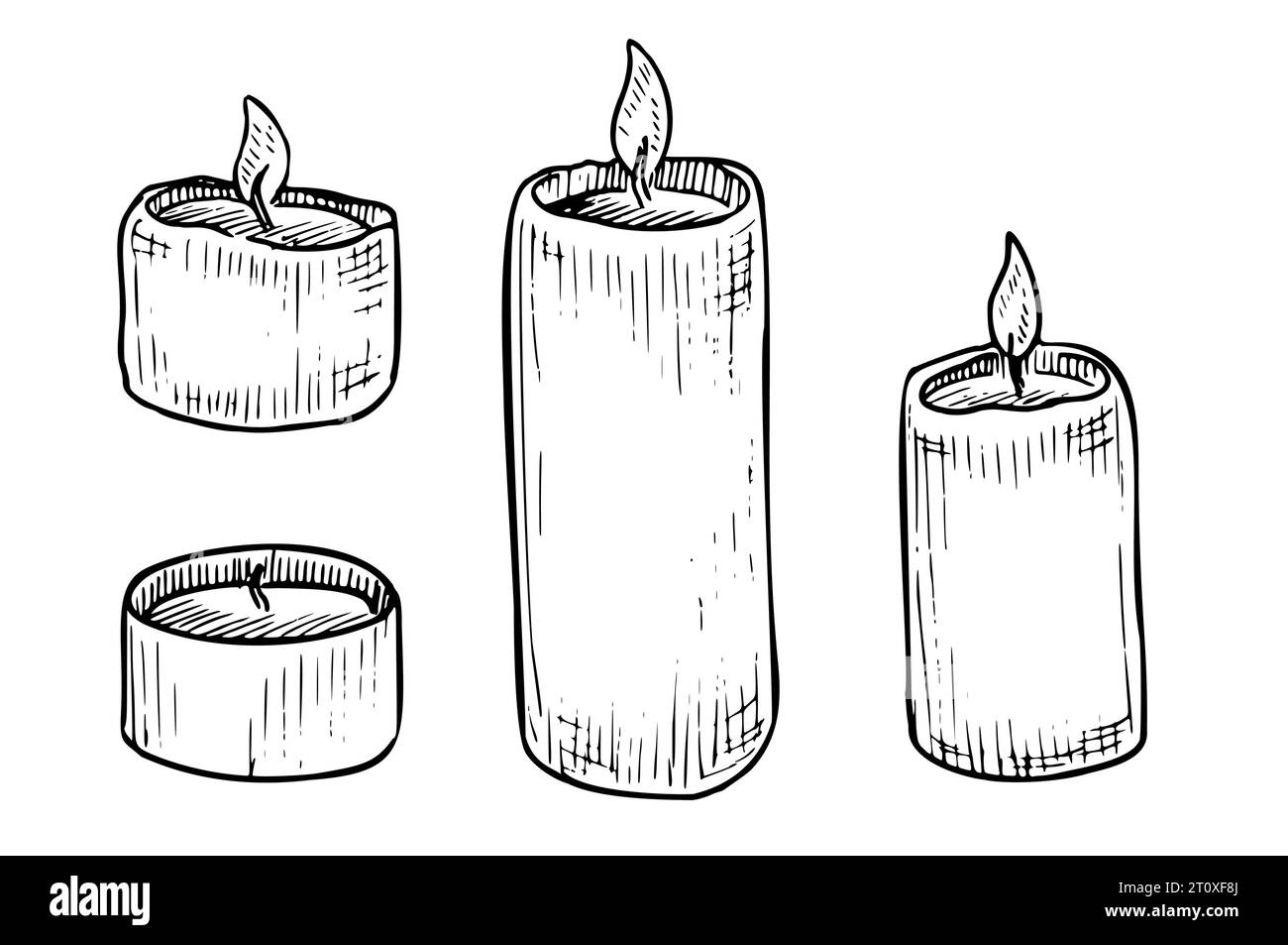 Set di candele in cera con Candlelight. Illustrazione vettoriale disegnata a mano di luce vintage per interni accoglienti. Disegno in stile grafico a linee dipinto da inchiostri neri su sfondo bianco. Disegno di arredamento. Illustrazione Vettoriale