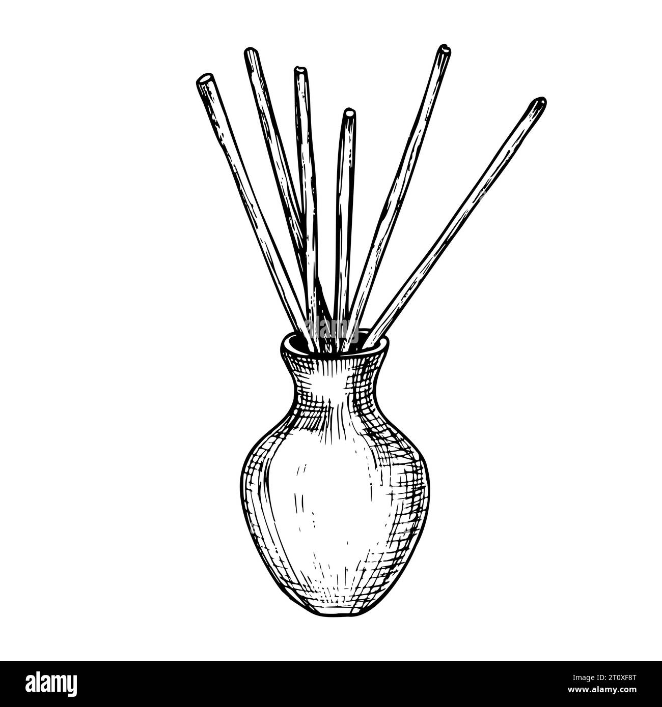 Diffusore di aggiornamento Vector Air e bastoncini Aroma in vaso in ceramica in stile line art. Illustrazione disegnata a mano della fragranza per la casa per il relax nei colori bianco e nero. Disegno di un oggetto spa di aromaterapia Illustrazione Vettoriale