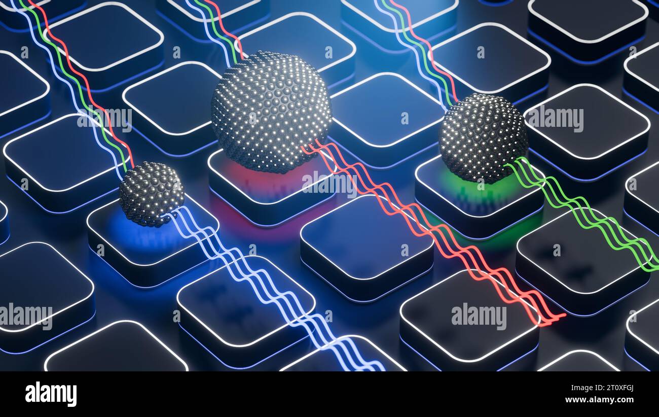 La dimensione dei punti quantistici determina il colore della forma d'onda nel rendering 3D. Foto Stock