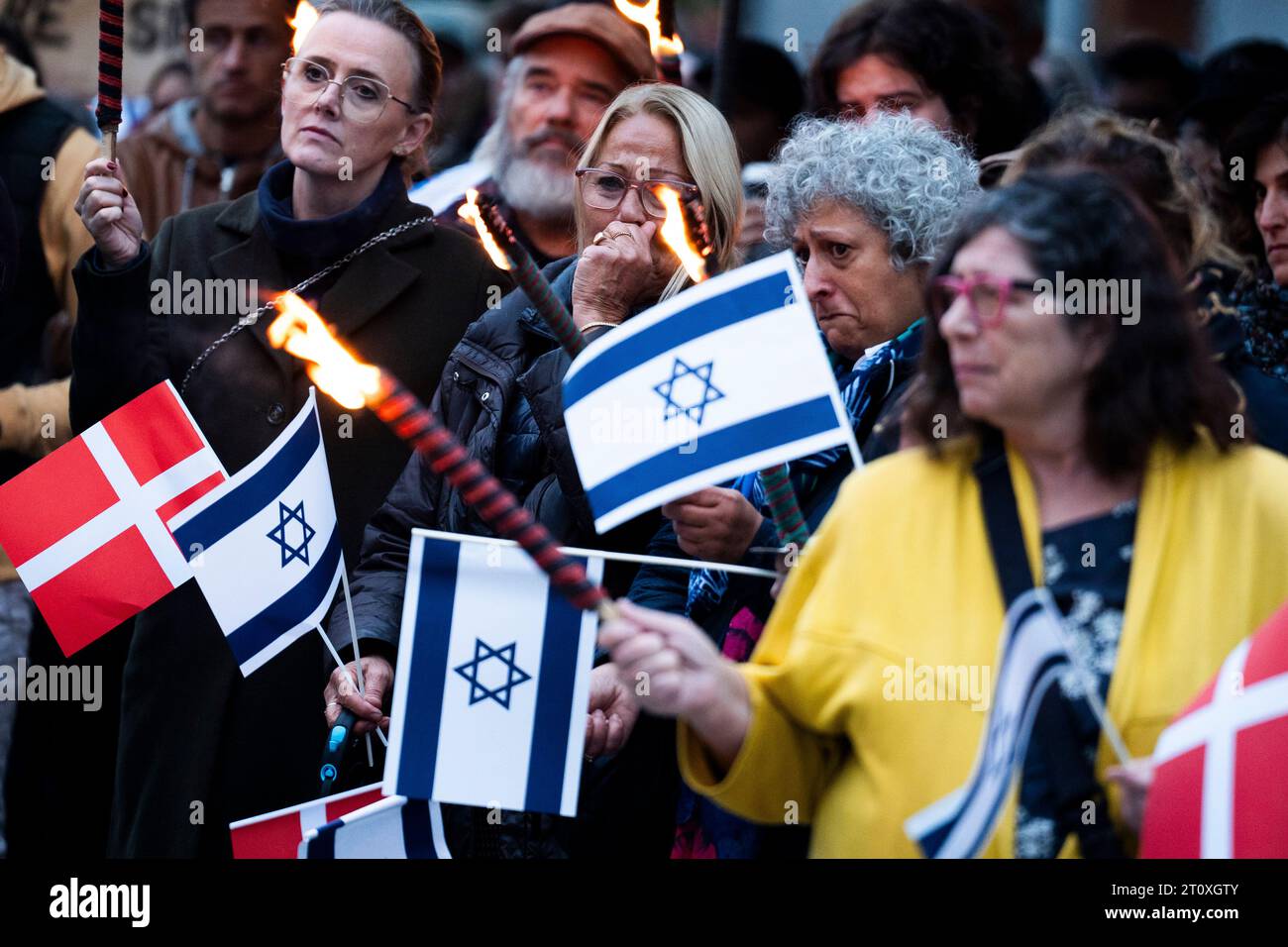 Manifestazione di solidarietà con Israele "solidarietà con Israele” organizzata dalla Gioventù ebraica, dalla Federazione sionista danese, dal KU e dal DSU presso gli Israels Plads di Copenaghen lunedì 9 ottobre 2023. (Foto: Martin Sylvest/2023) Foto Stock