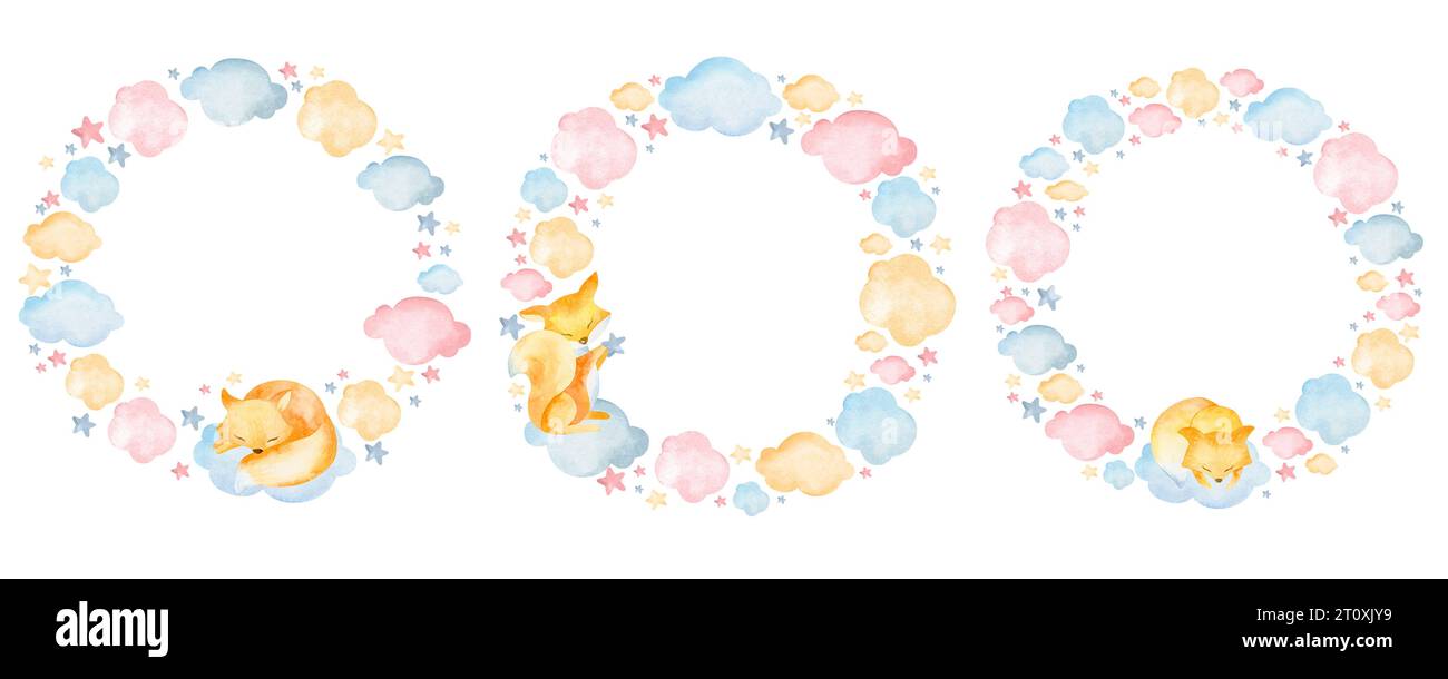 Cornice rotonda per bambini in stile cartone animato. Cornice rotonda con nuvole, volpe, stelle isolate su sfondo bianco. Illustrazione acquerello Foto Stock
