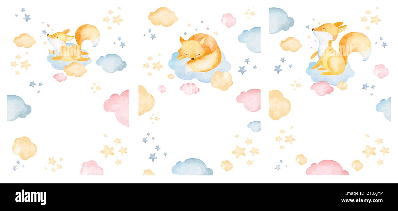 Modello di telaio per bambini animali della foresta, volpe, nuvole, stelle. Cornice bambino acquerello. Foto Stock