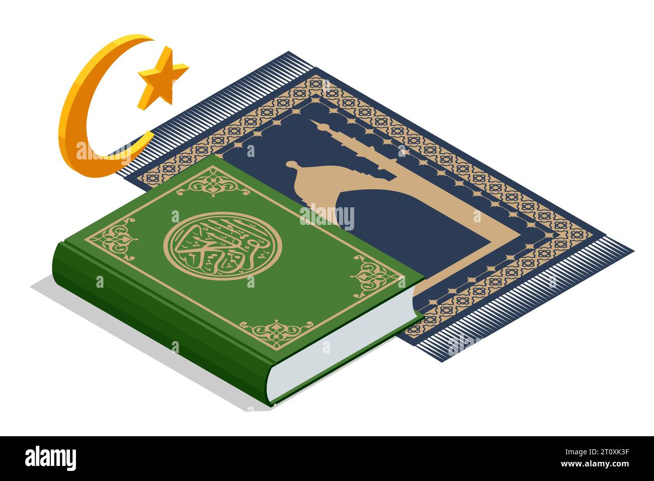Libro islamico isometrico Corano luna crescente e stella. Simbolo islamico. Le icone islamiche possono essere utilizzate per il mese di Ramadan, Eid e Eid al-Adha. Kuran o. Illustrazione Vettoriale