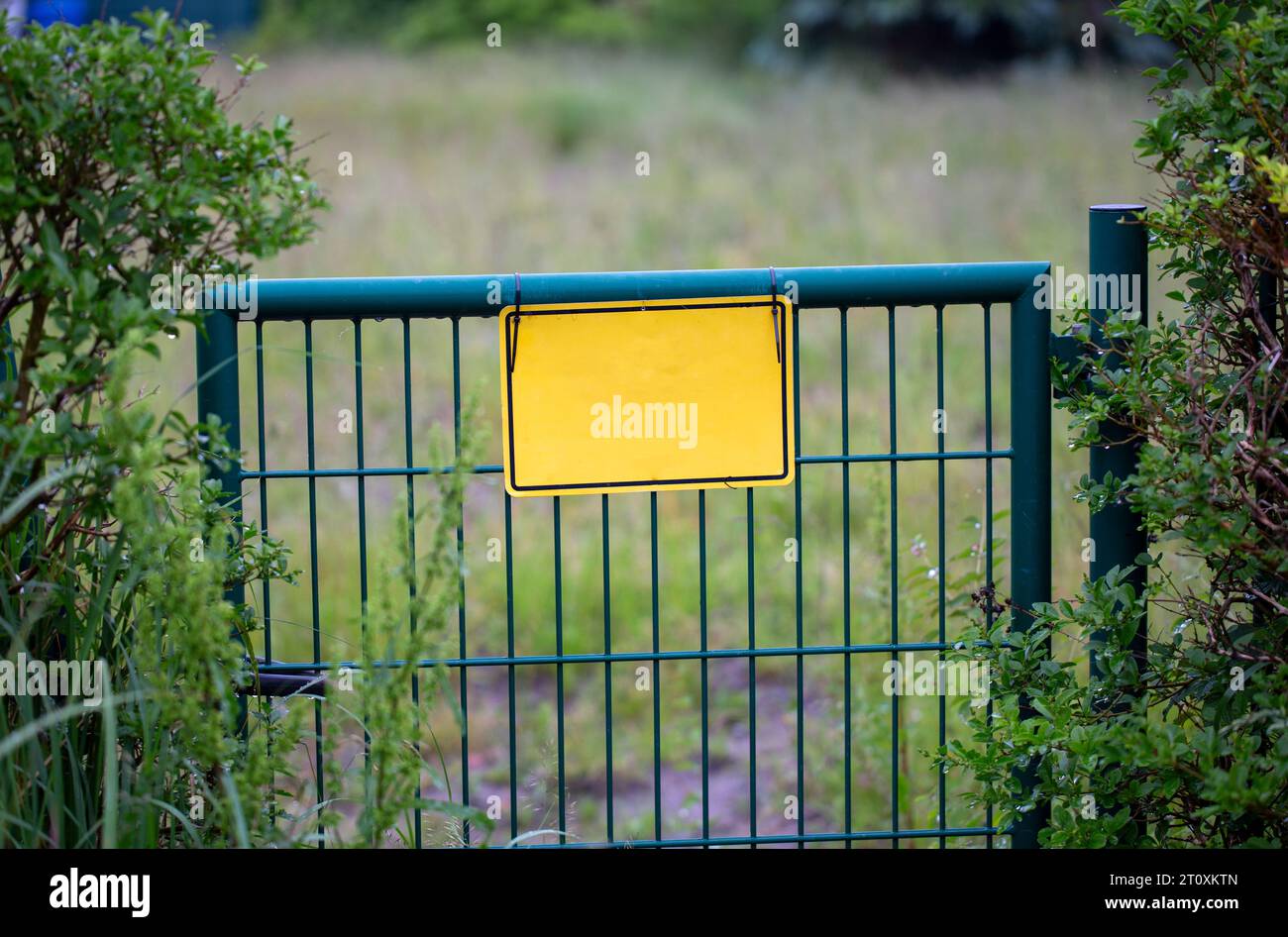 Porta del giardino in una recinzione con un cartello giallo vuoto Foto Stock