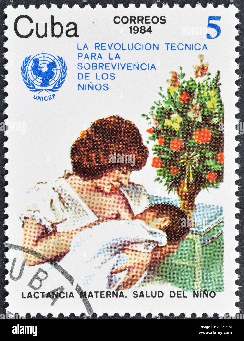 Francobollo annullato stampato da Cuba, che mostra madre allattamento bambino, lotta contro la mortalità infantile, circa 1984. Foto Stock