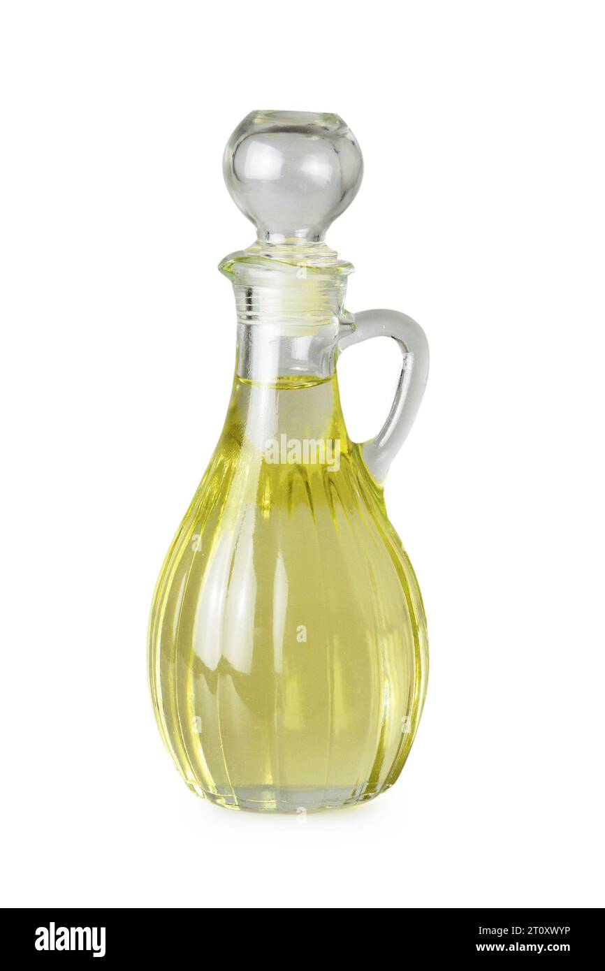 Olio di girasole in brocca isolato su fondo bianco Foto Stock