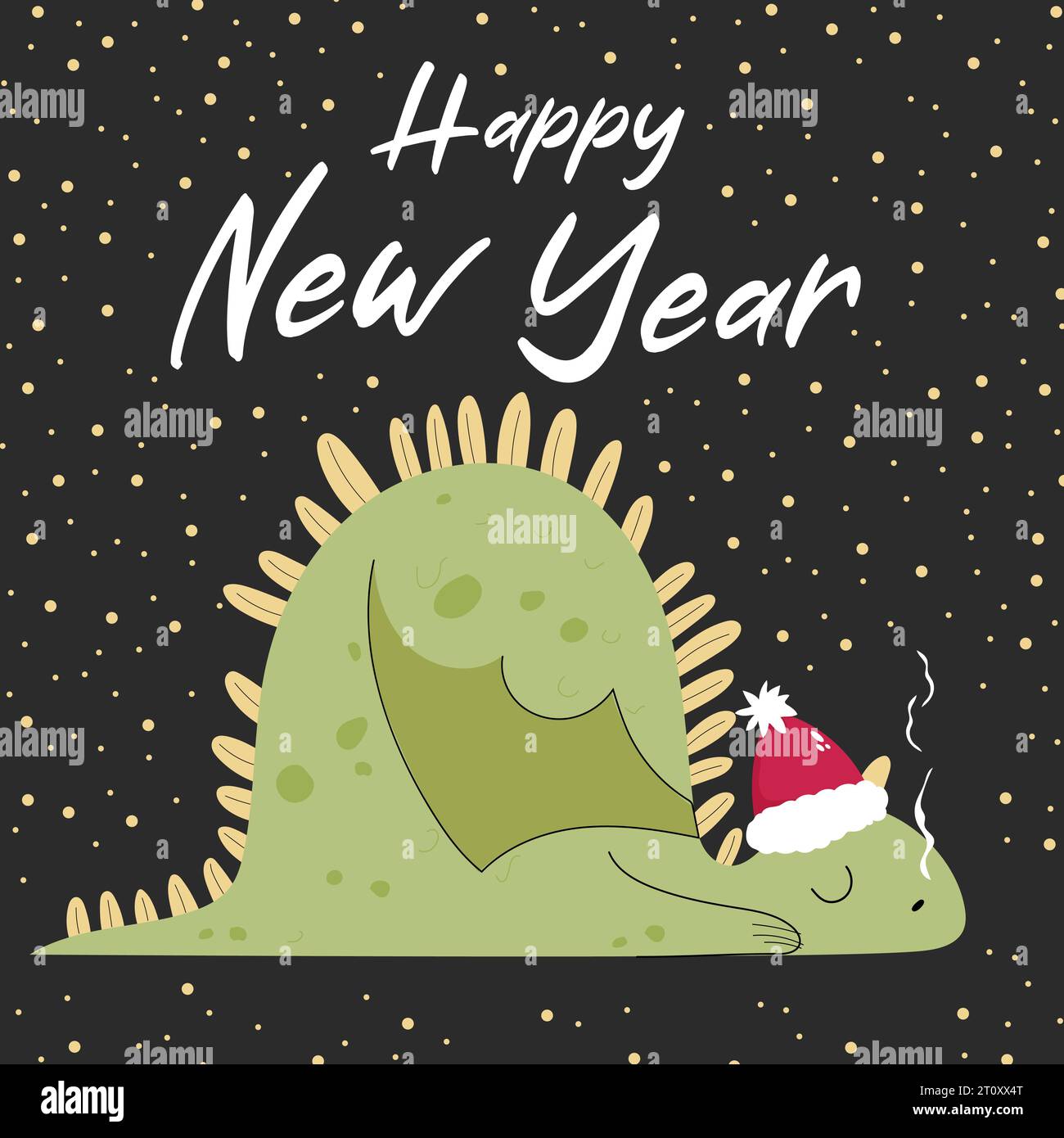 Biglietto d'auguri per felice anno nuovo con un grazioso drago addormentato che indossa il cappello di Babbo Natale. Illustrazione vettoriale in stile cartone animato. Illustrazione Vettoriale