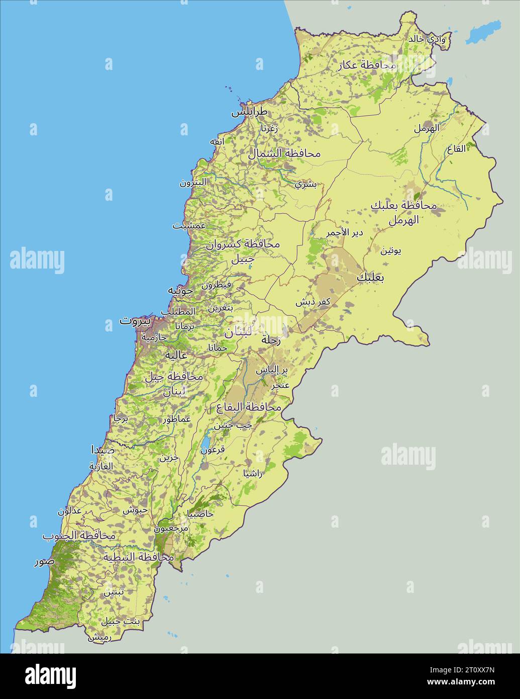 Mappa del Libano con la capitale Beirut, confini nazionali, città importanti, fiumi e laghi. Etichettatura in arabo Illustrazione Vettoriale