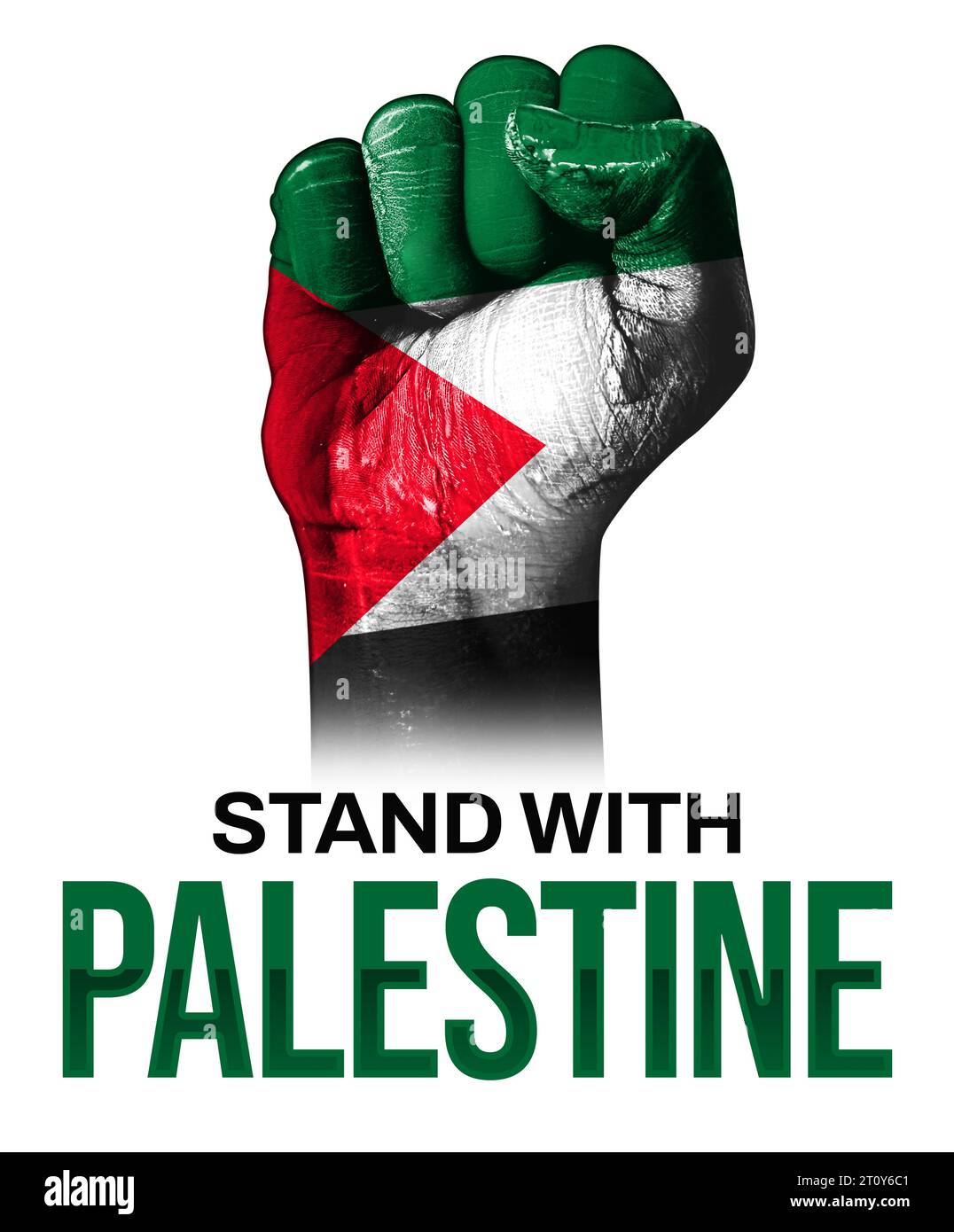 Pugno dipinto con bandiera palestinese e tipografia sullo sfondo laterale. Mantenete il concetto di design della palestina Foto Stock