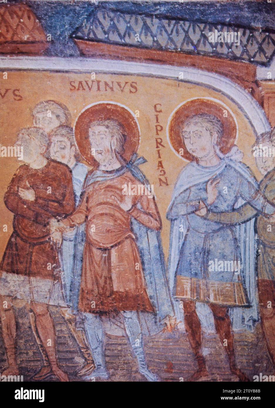 Affresco di San Savin e San Cipriano nella chiesa abbaziale di Saint-Savin-sur-Gartempe, Poitou, Francia Foto Stock