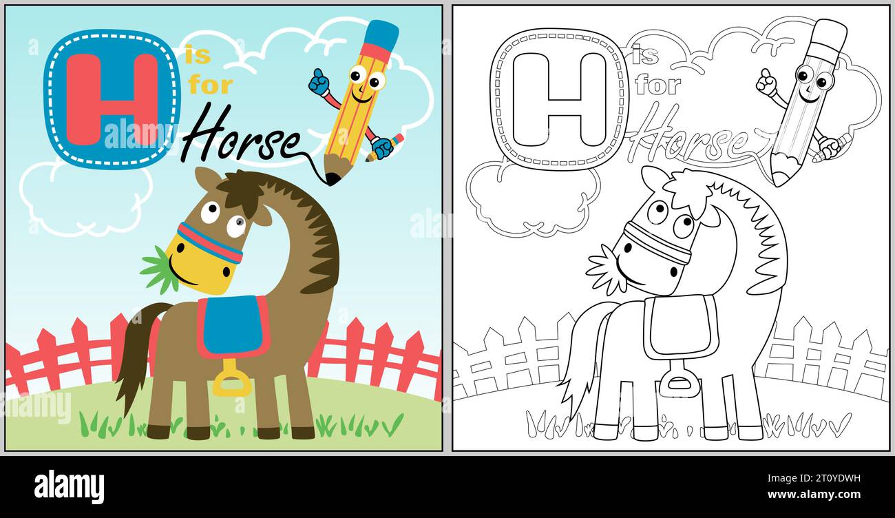 Cartoni animati vettoriali di cavalli divertenti con matita in giardino, libro da colorare o pagina Illustrazione Vettoriale