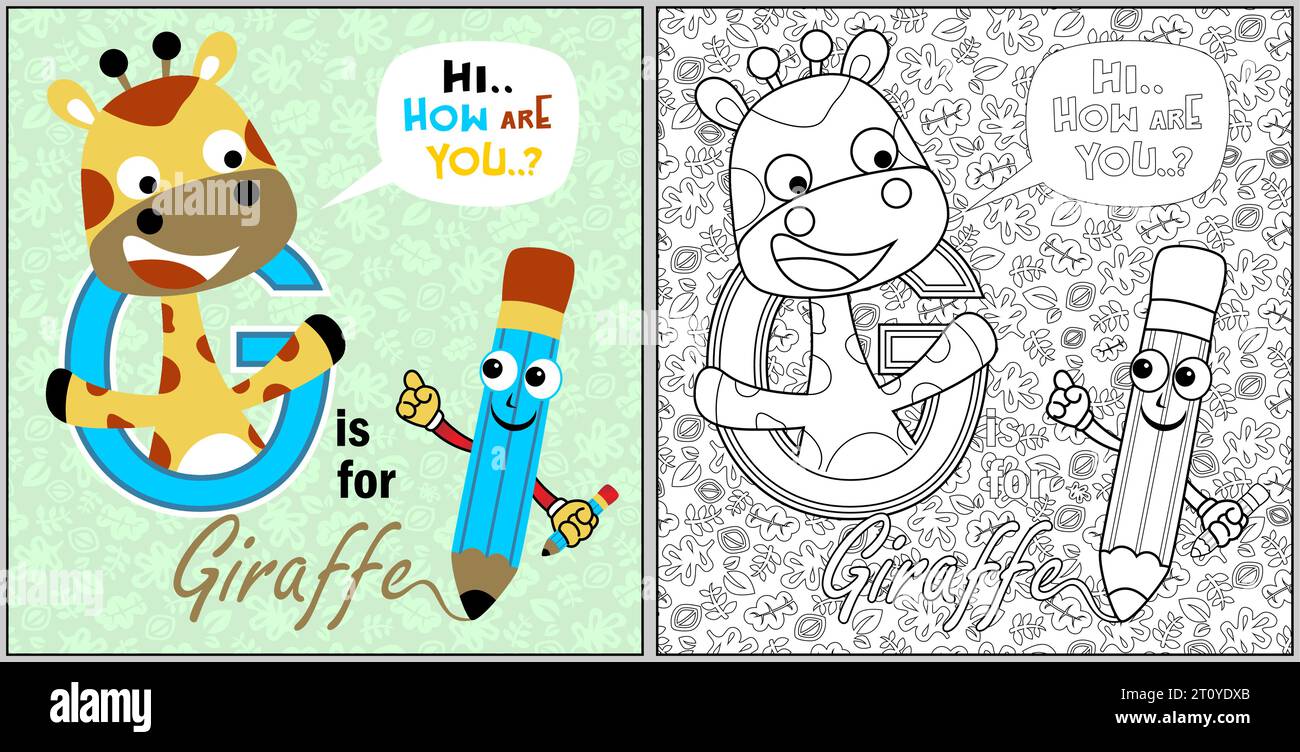 Cartone animato vettoriale di giraffa con matita divertente su foglie motivo di sfondo, libro da colorare o pagina Illustrazione Vettoriale