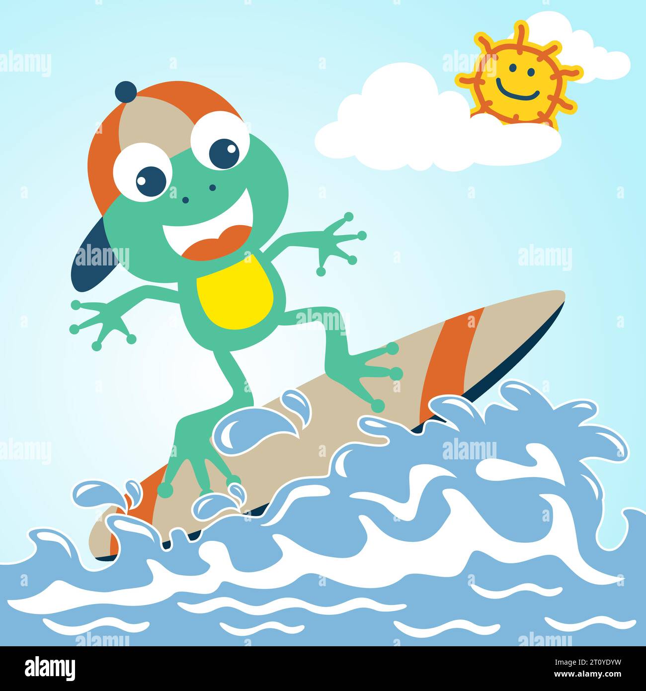 carino cartone animato frog surf in estate Illustrazione Vettoriale
