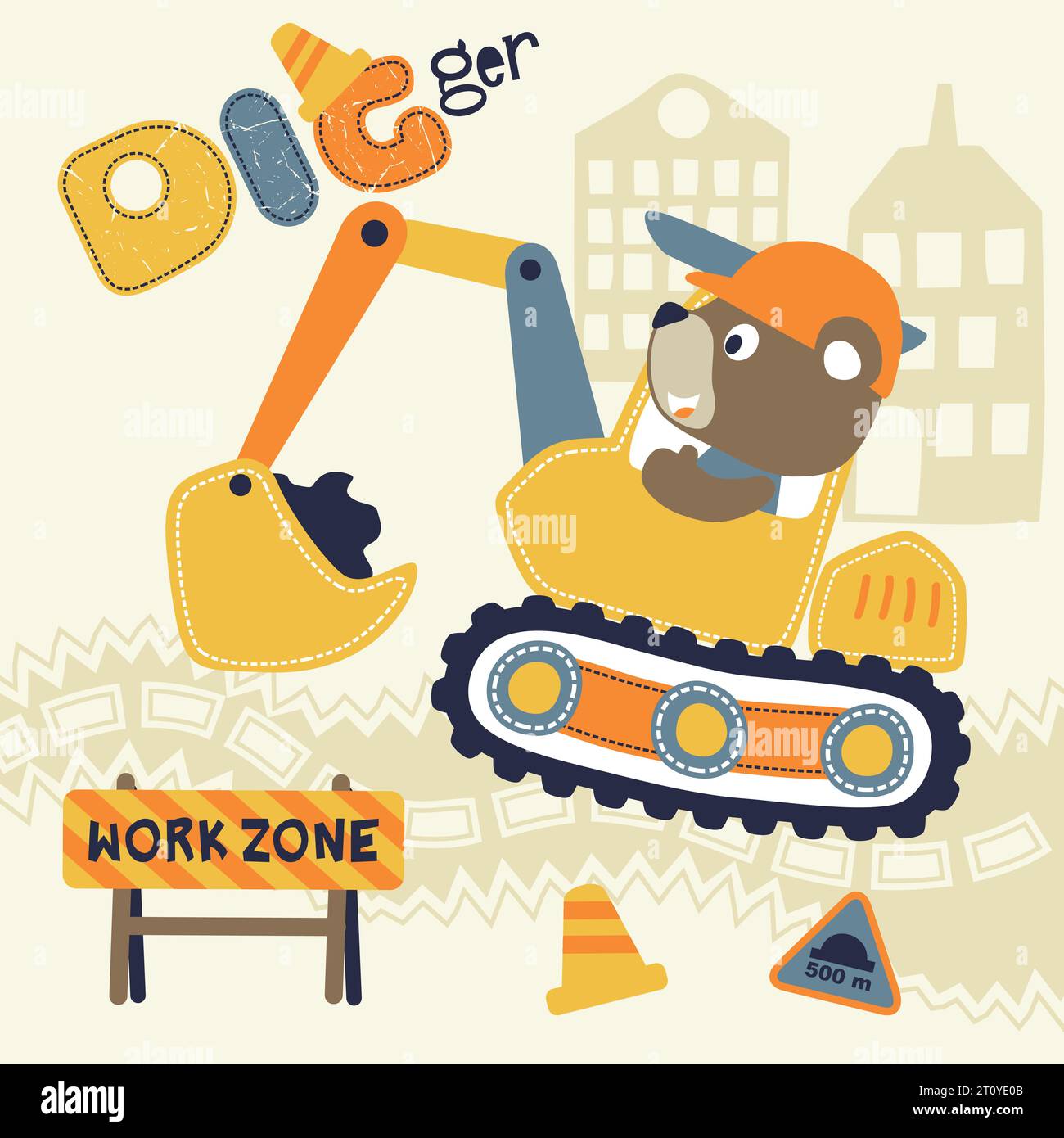 Cartone animato vettoriale di simpatici orsi che guidano veicoli da costruzione Illustrazione Vettoriale