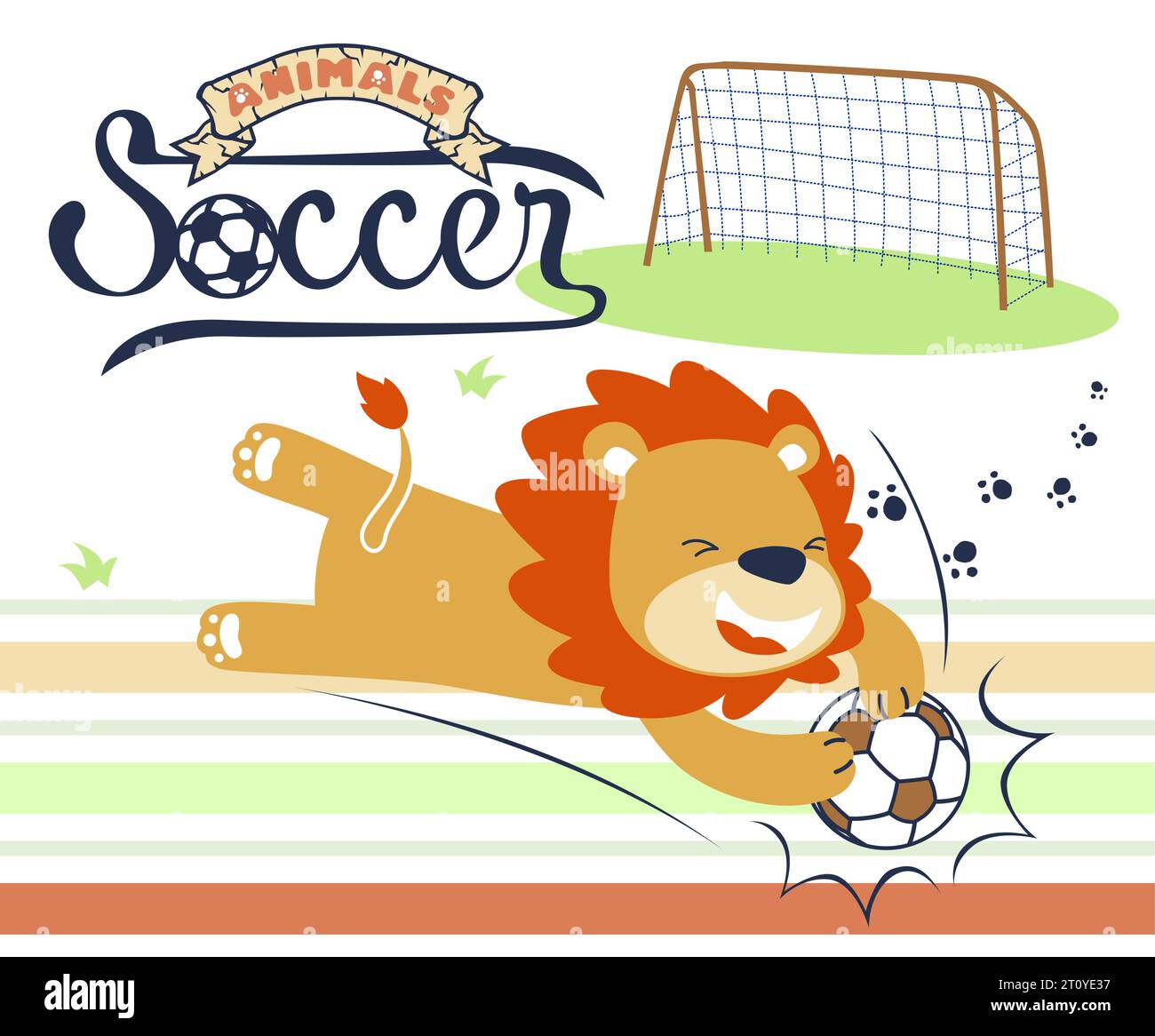 Leone divertente che gioca a calcio su sfondo a strisce colorate, illustrazione di cartoni animati vettoriali Illustrazione Vettoriale