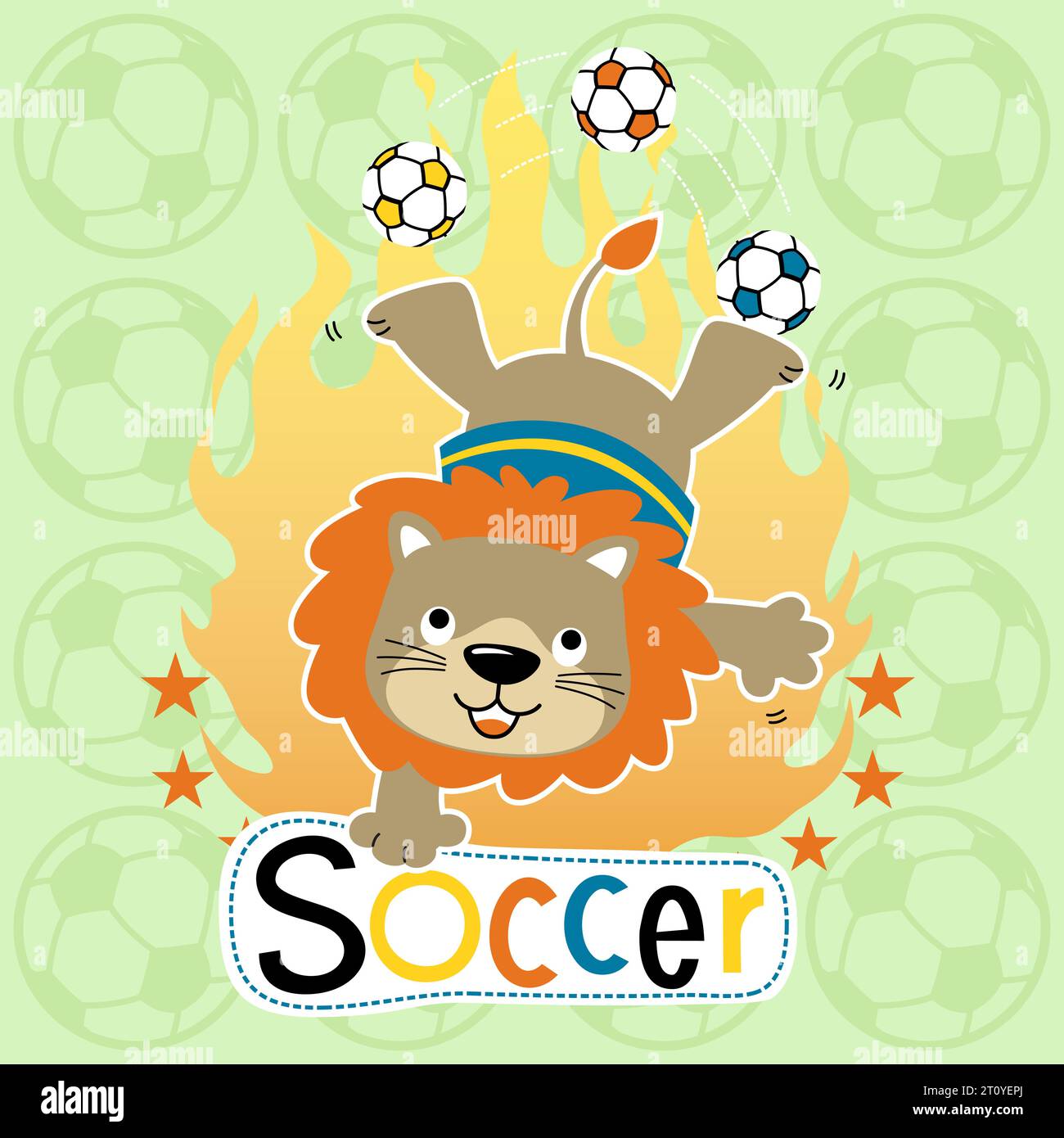 cartoni animati vettoriali di leone divertente in attrazione calcio su sfondo palla Illustrazione Vettoriale