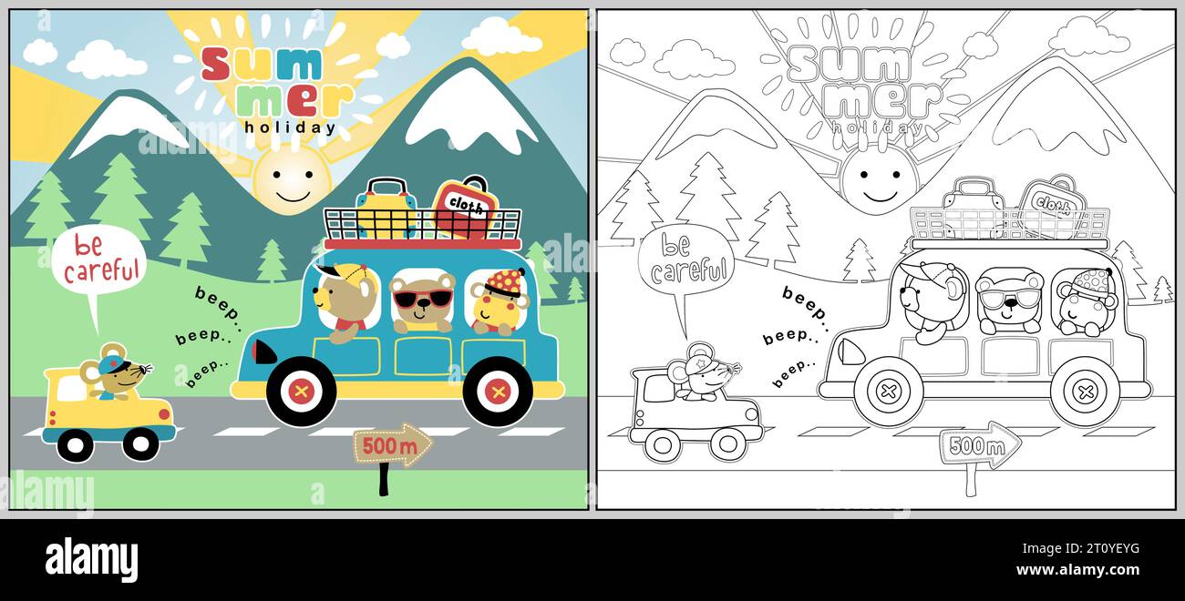 Simpatici cartoni animati in auto con sfondo rurale, libro da colorare o pagina Illustrazione Vettoriale