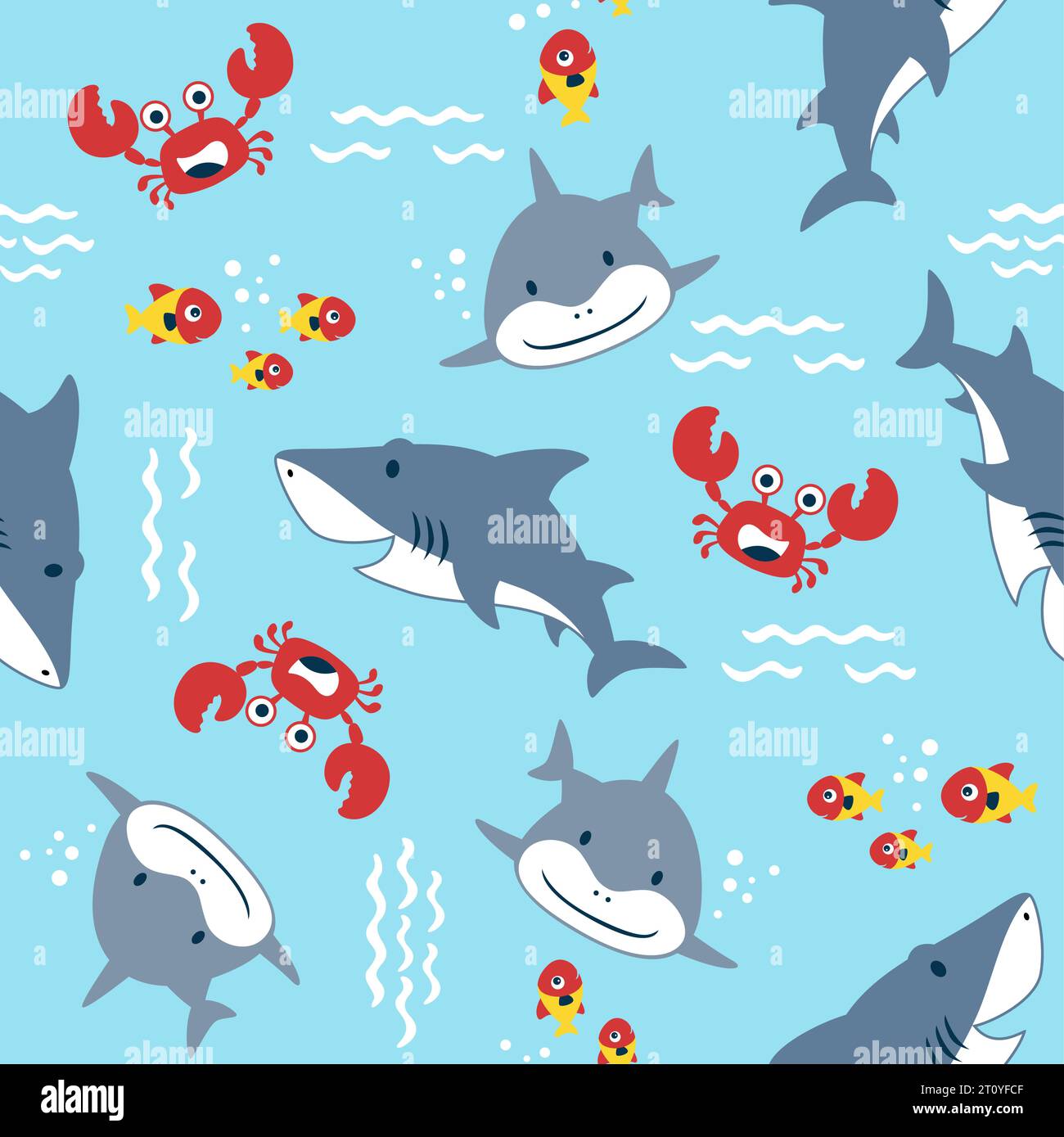 modello vettoriale senza cuciture di cartoni animati di animali marini. Divertente squalo con granchi e pesce Illustrazione Vettoriale