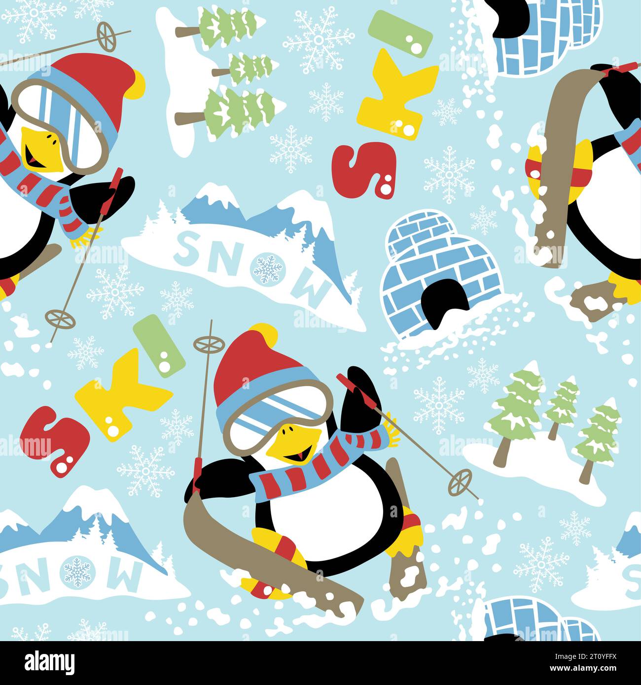 pattern vettoriale senza cuciture di divertenti penguini da sci, elementi invernali Illustrazione Vettoriale
