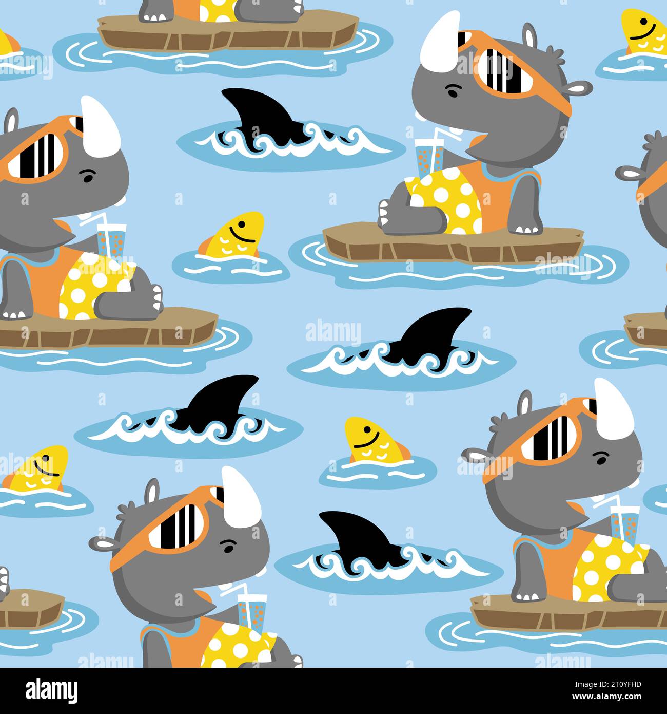 pattern vettoriale senza cuciture di simpatici cartoni animati di rinoceronti rilassanti con i pesci Illustrazione Vettoriale