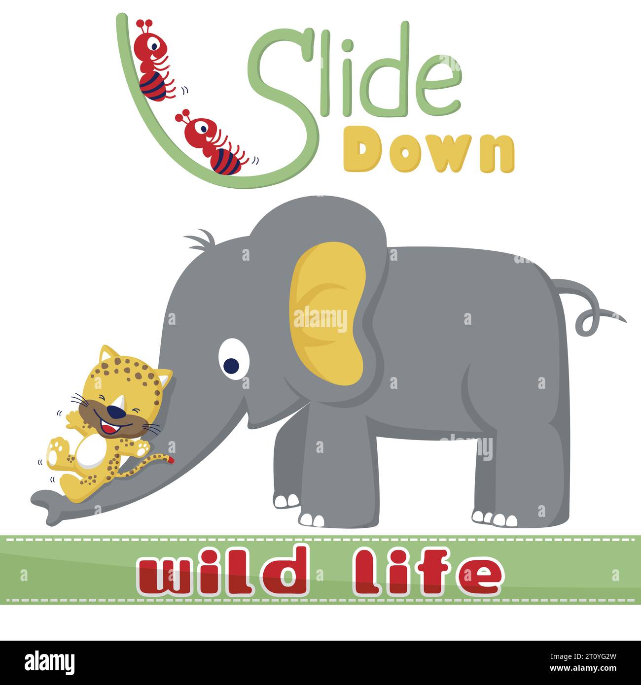 Illustrazione vettoriale di animaletti, simpatico scivolo leopardo sul tronco dell'elefante, formiche scorrono su lettera Illustrazione Vettoriale