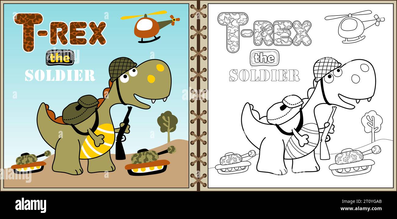 Vettore di cartoni animati Dino Army con equipaggiamento da soldato, cartoni animati di elementi militari, libro da colorare o pagina Illustrazione Vettoriale