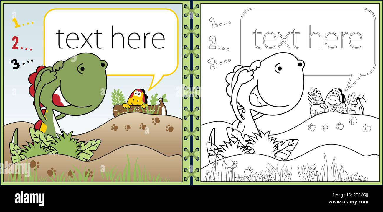 Modello di scheda di invito, cartoni animati di dinosauri che giocano a nascondino, libro da colorare o pagina Illustrazione Vettoriale