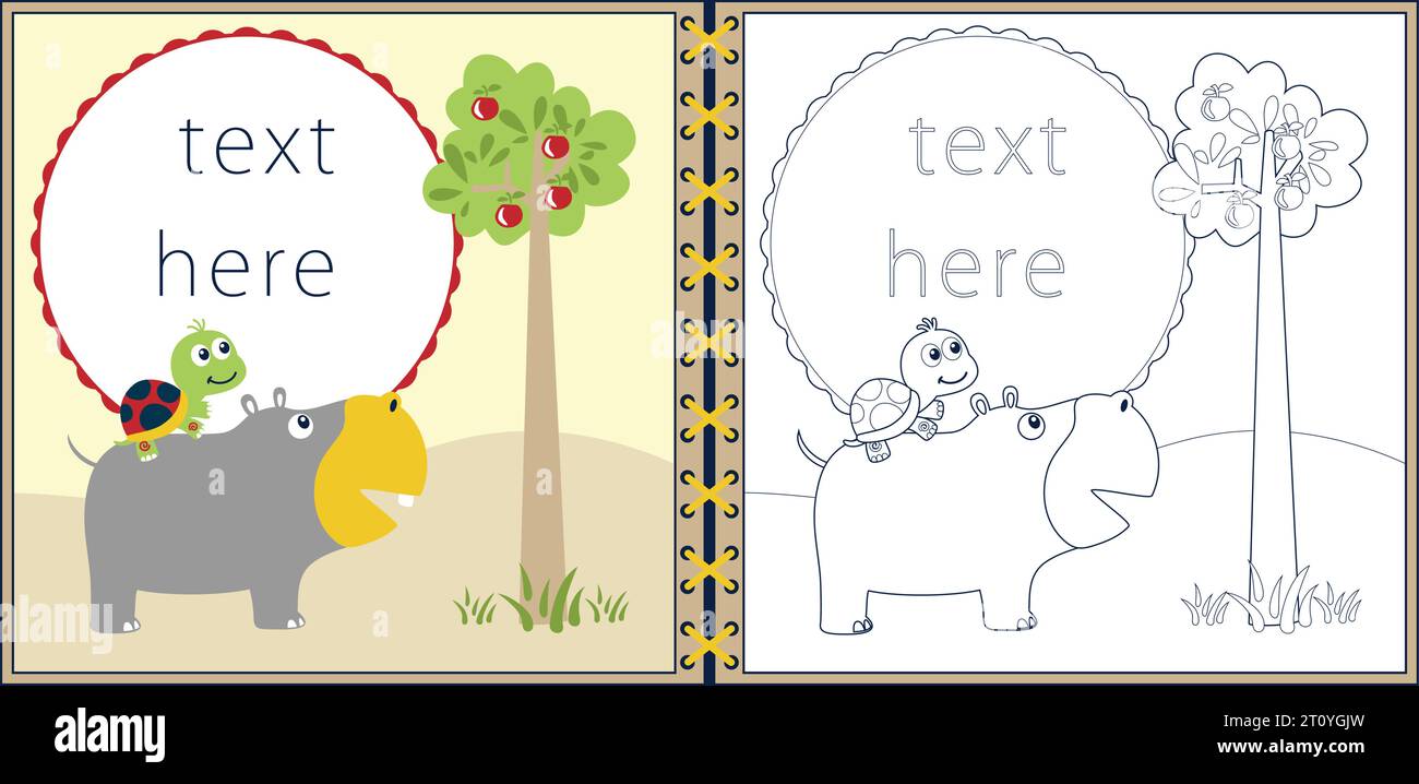 Modello di scheda di invito, libro da colorare o pagina con divertenti cartoni animati, giro sulle tartarughe sulla schiena dell'ippopotamo con albero da frutto Illustrazione Vettoriale