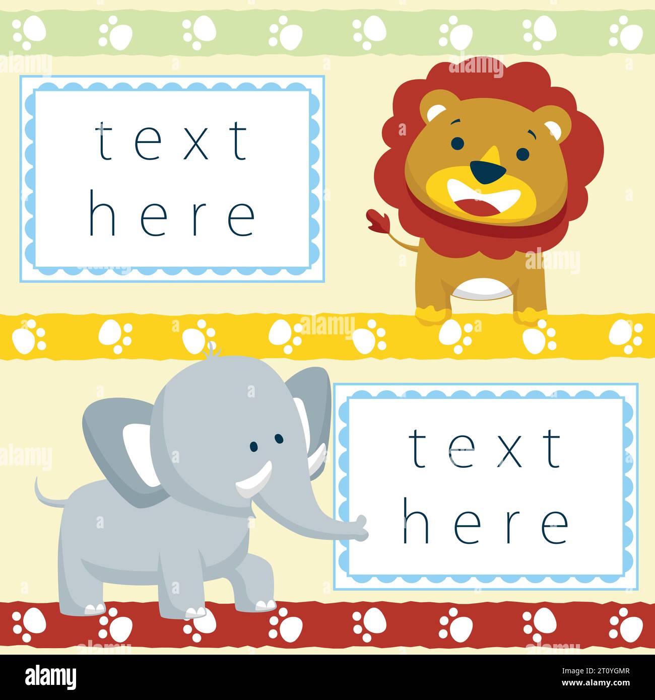 Modelli di carte di invito con simpatici leoni ed elefanti, illustrazioni di cartoni animati vettoriali Illustrazione Vettoriale