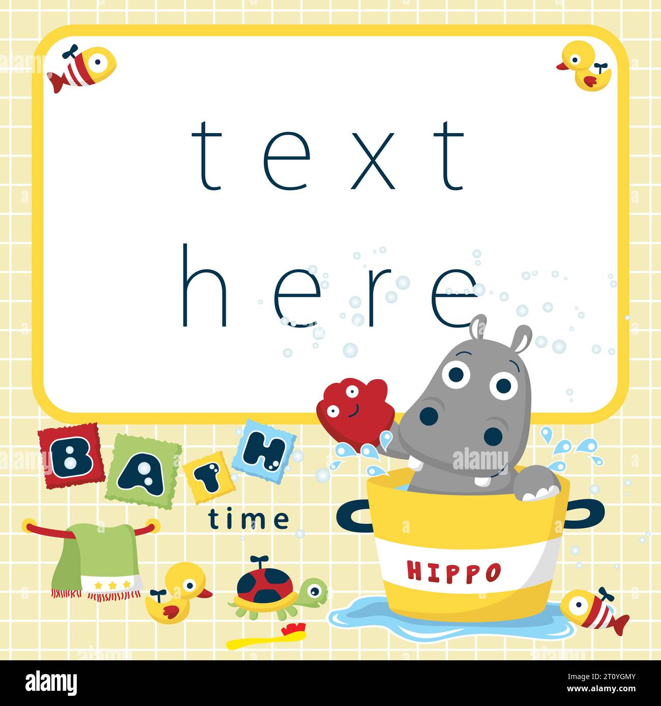 Cartoni animati vettore di ippopotamo che fa il bagno con giocattoli, illustrazione degli elementi del bagno. Modelli di scheda di invito Illustrazione Vettoriale
