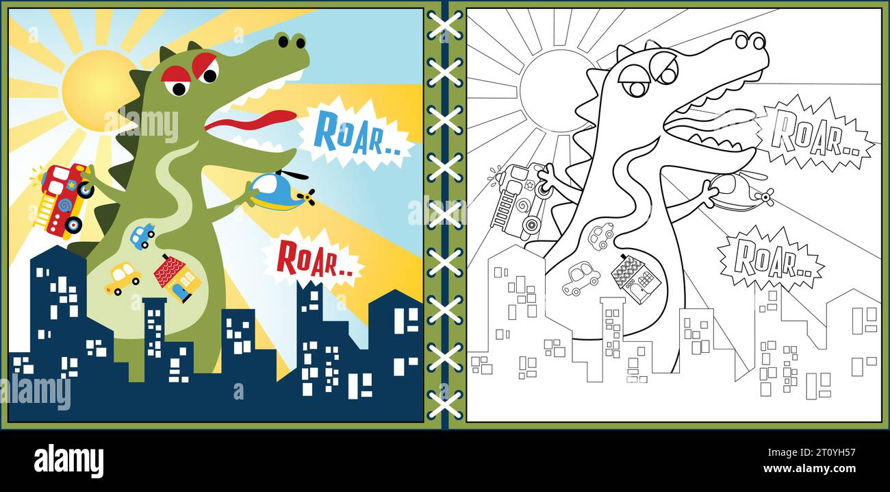 Cartoni animati vettoriali di mostri verdi che attaccano la città, pagine da colorare o libri Illustrazione Vettoriale