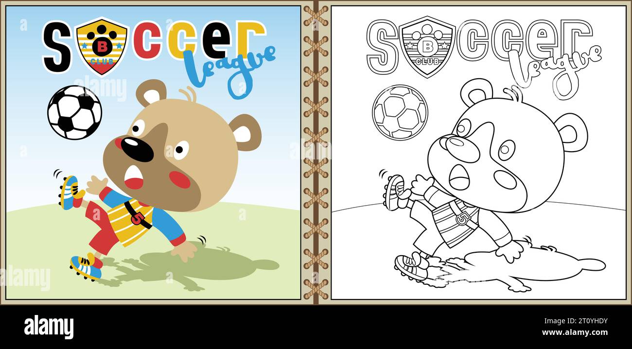 Cartoni animati con divertente orso che gioca a calcio, pagine da colorare o libri Illustrazione Vettoriale