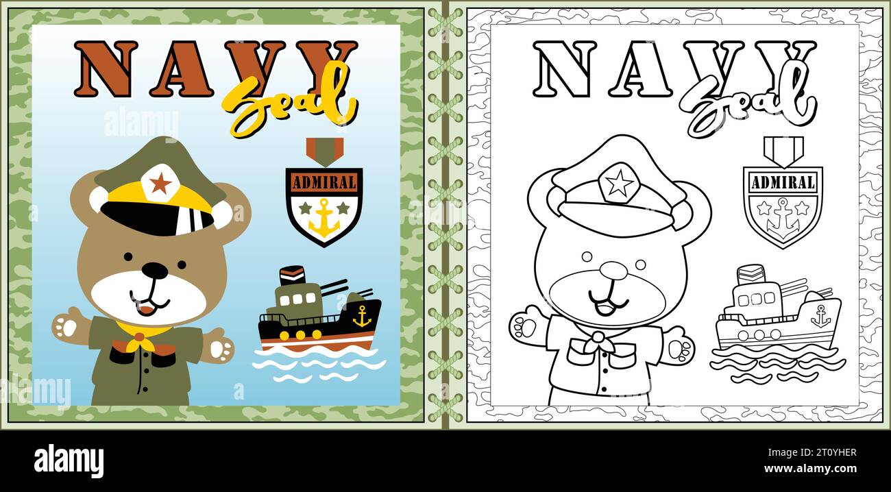 Cartoni animati con simpatici orsi in costume da soldato con cannoniera, elementi militari, pagine da colorare o libro Illustrazione Vettoriale