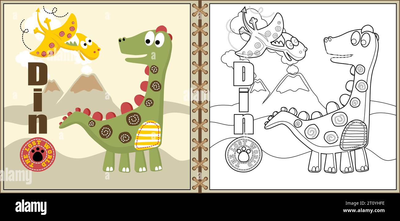 divertente vettore di cartoni animati dinosauri su sfondo vulcanico, pagina da colorare o libro Illustrazione Vettoriale