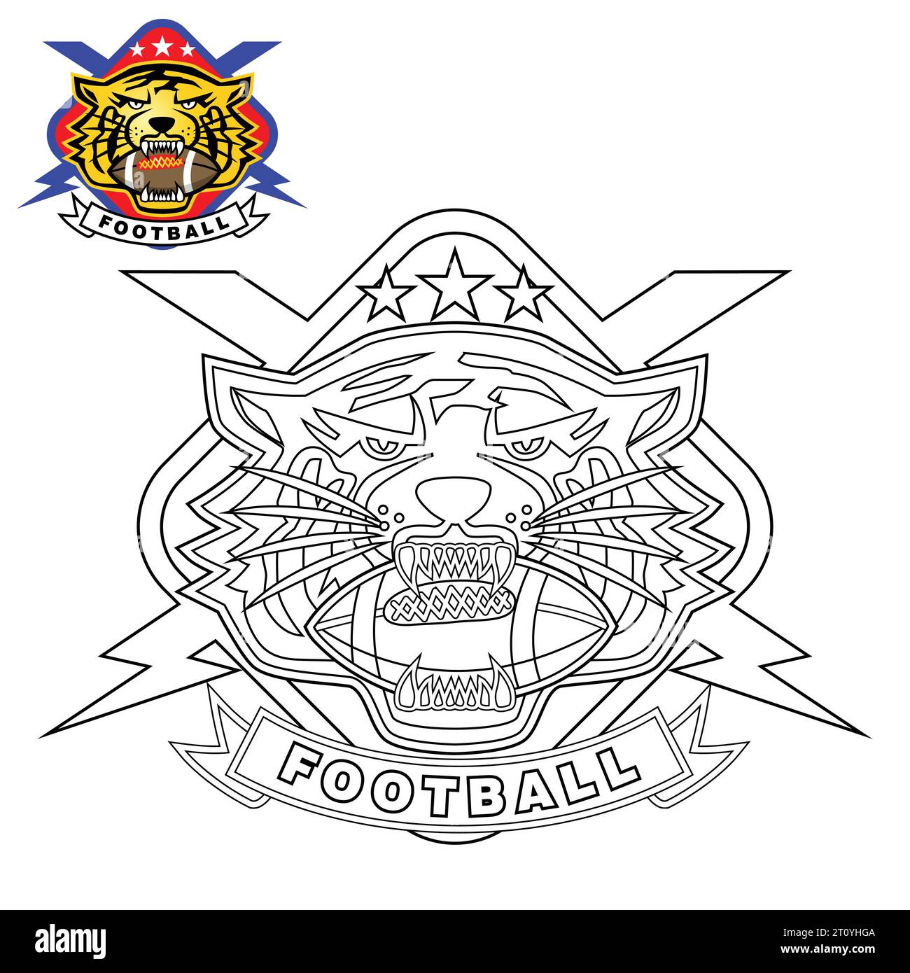 Pallina da rugby vettoriale con logo Tiger Head con fulmini, pagina colorata o libro Illustrazione Vettoriale