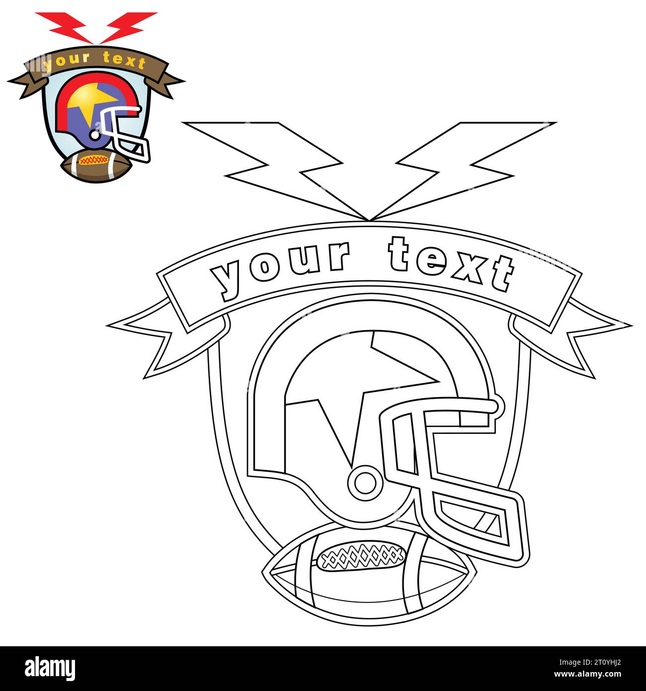 Logo sportivo vettoriale con casco e palla da rugby, pagina colorata o libro Illustrazione Vettoriale