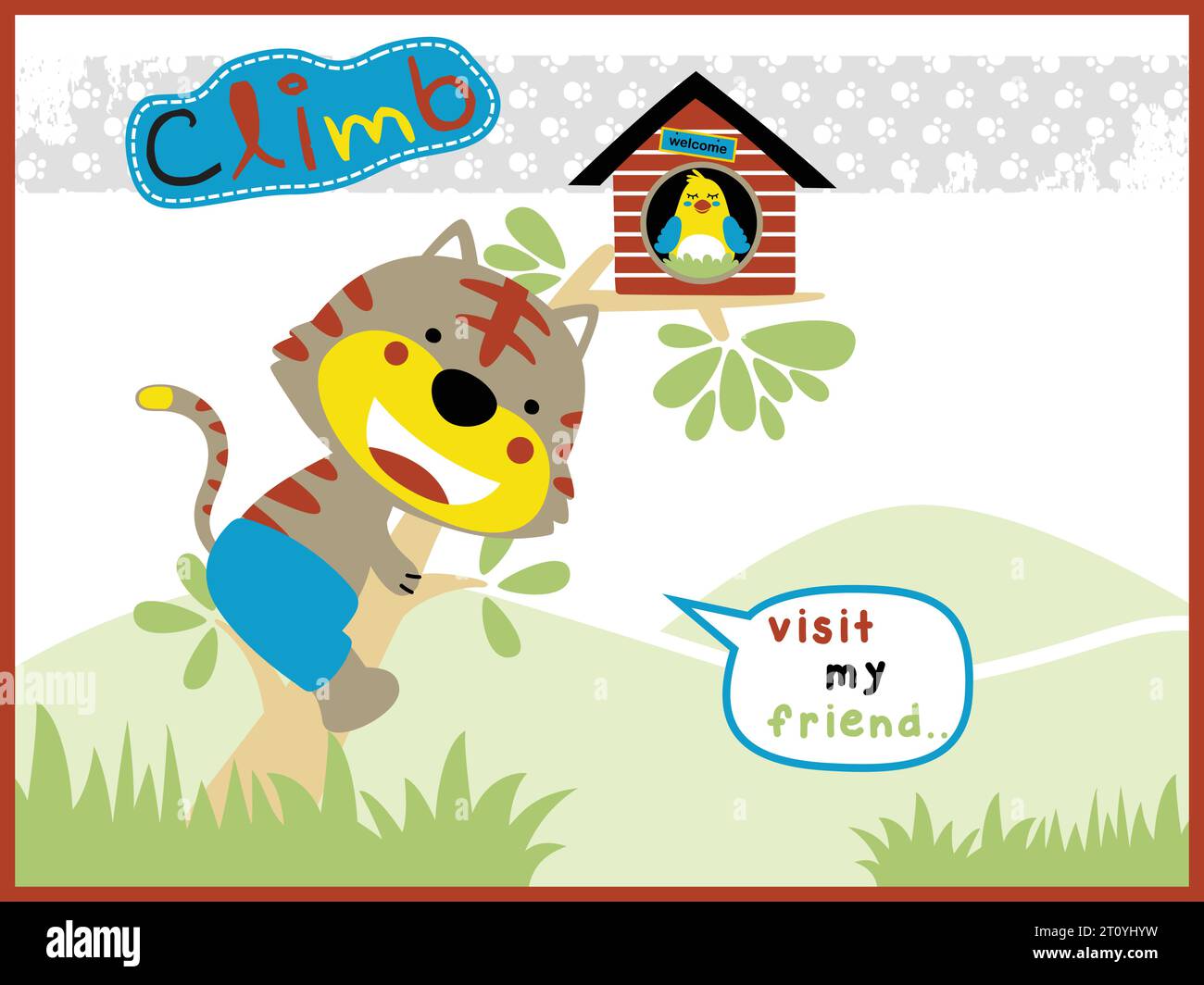 Divertente vettoriale di cartoni animati per gatti arrampicati su un albero per visitare il suo amico sull'albero, una gallina che depone le uova sull'albero Illustrazione Vettoriale