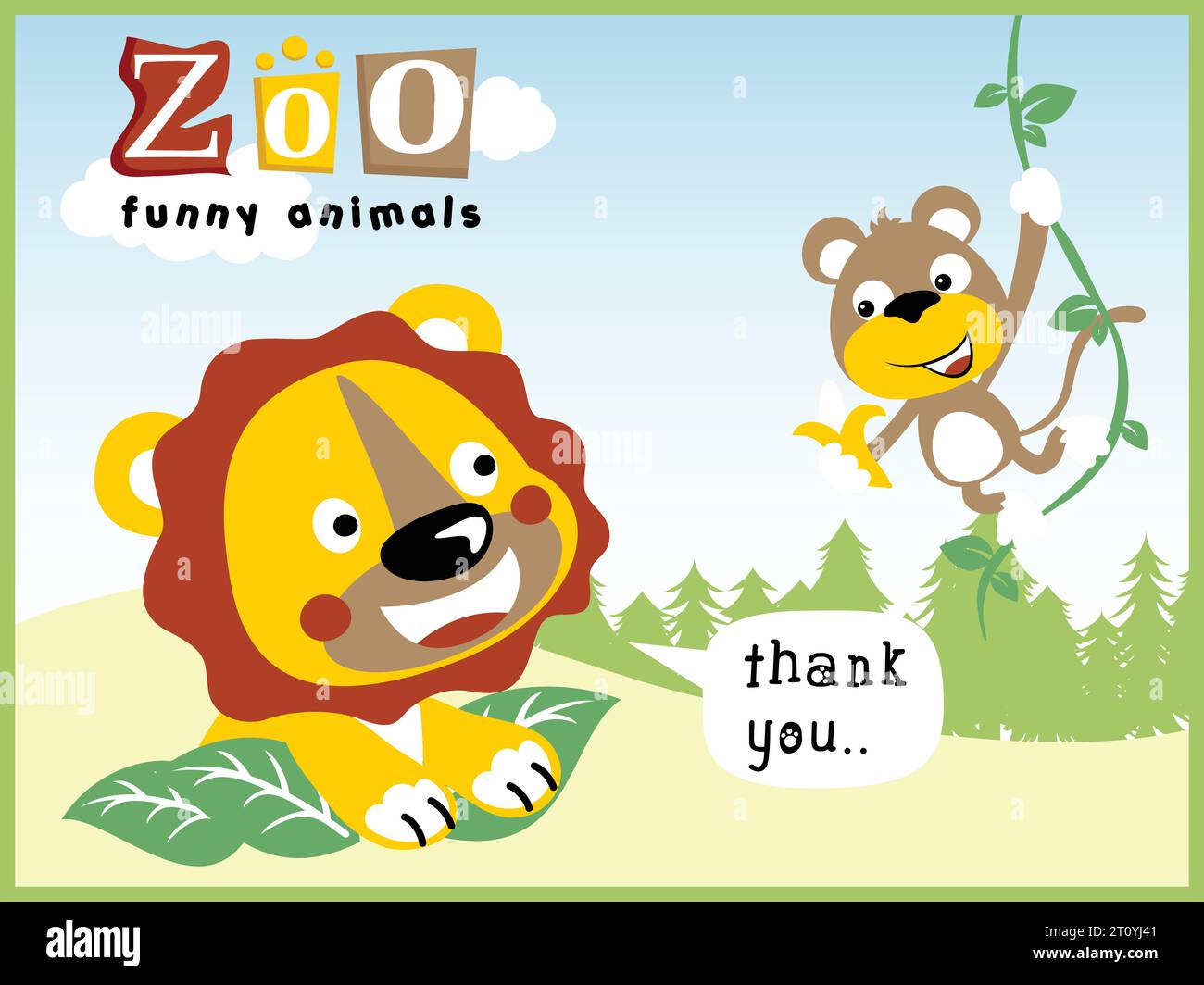 Cartone animato vettoriale di scimmia che trasporta banana per leone, cartoni animati di elementi forestali Illustrazione Vettoriale