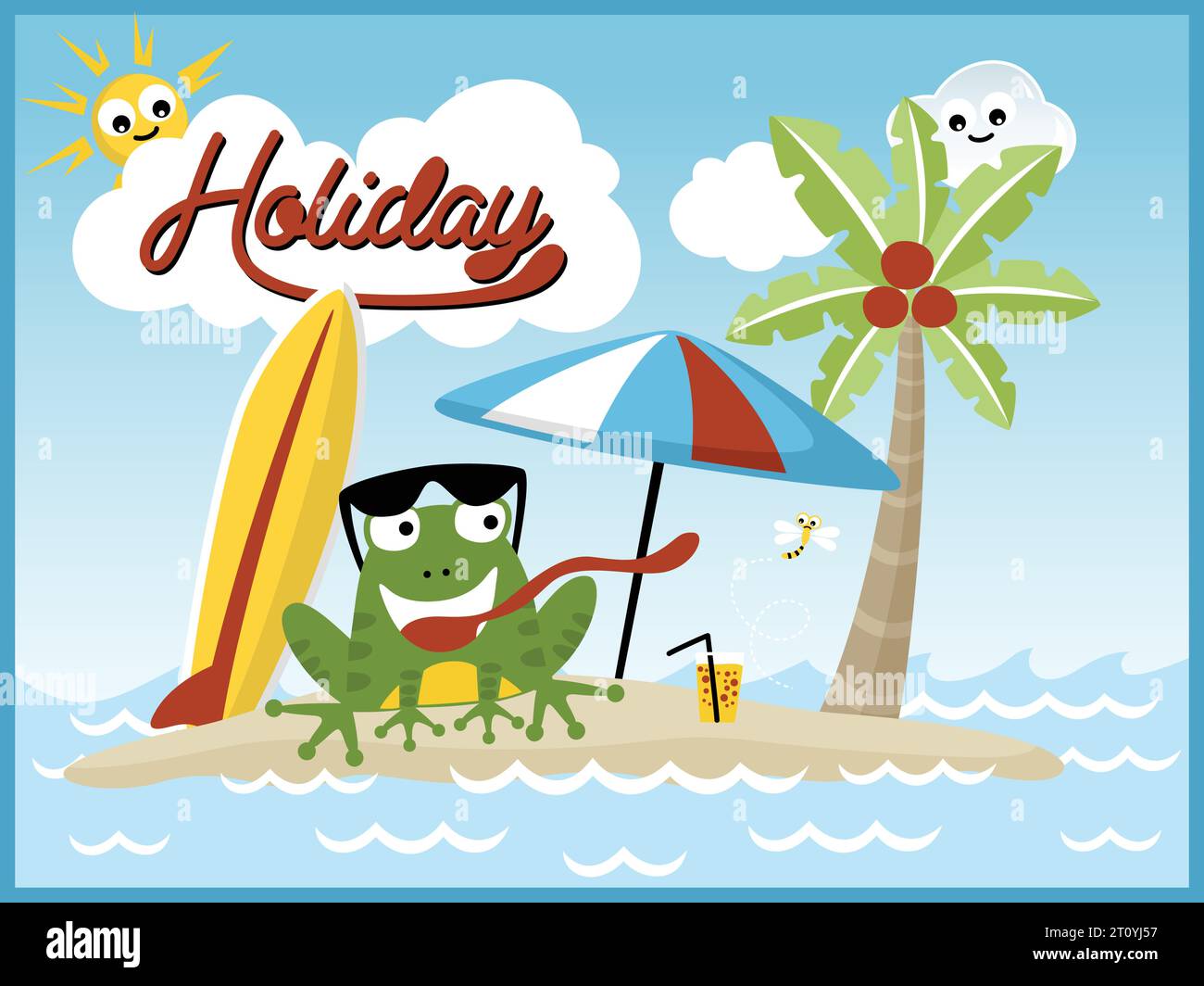 Cartoni animati con divertenti vacanze di rana in spiaggia, elementi per le vacanze estive Illustrazione Vettoriale