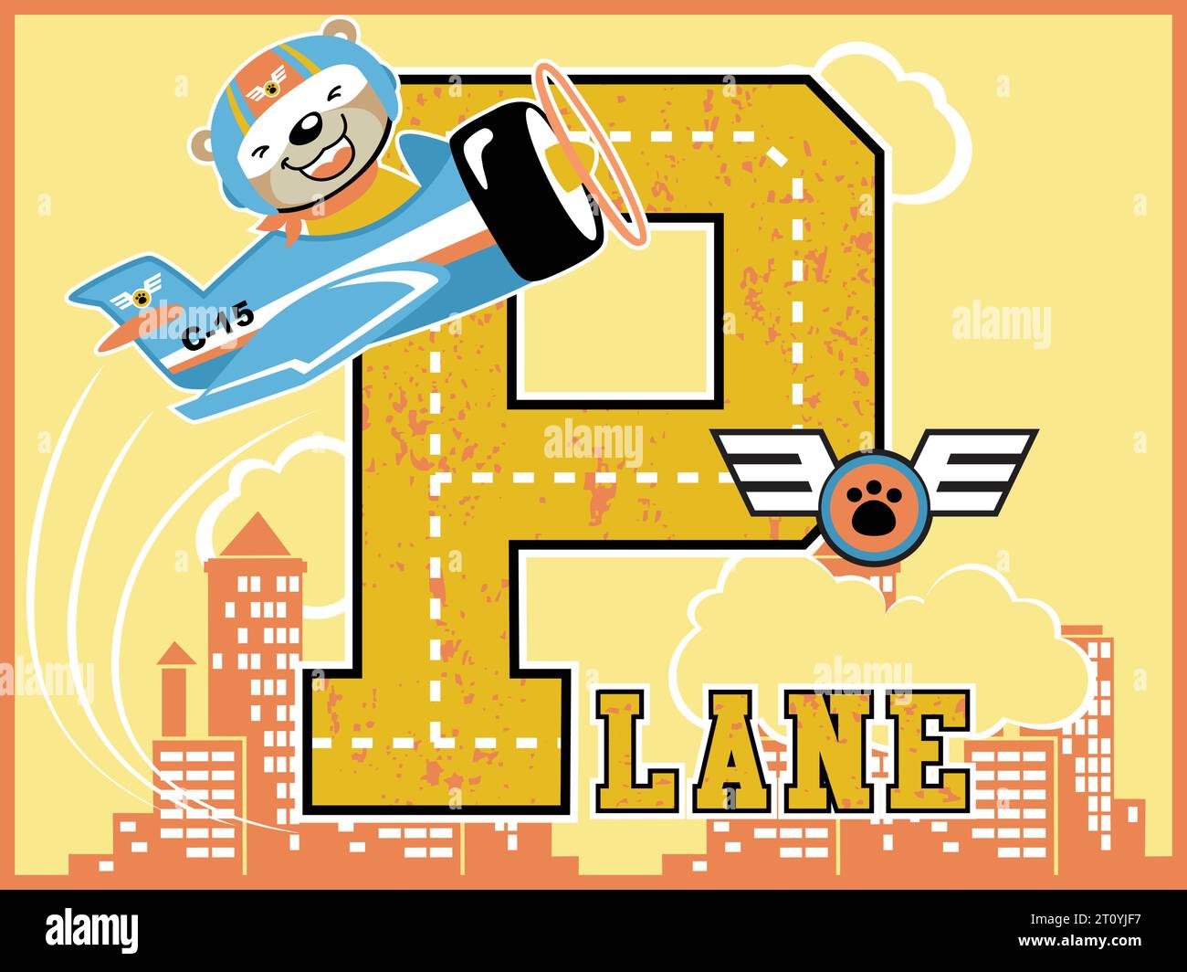 Vettore di cartoni animati dell'aereo con un simpatico pilota di orsi sullo sfondo dell'edificio. Imparare a leggere il concetto grafico Illustrazione Vettoriale