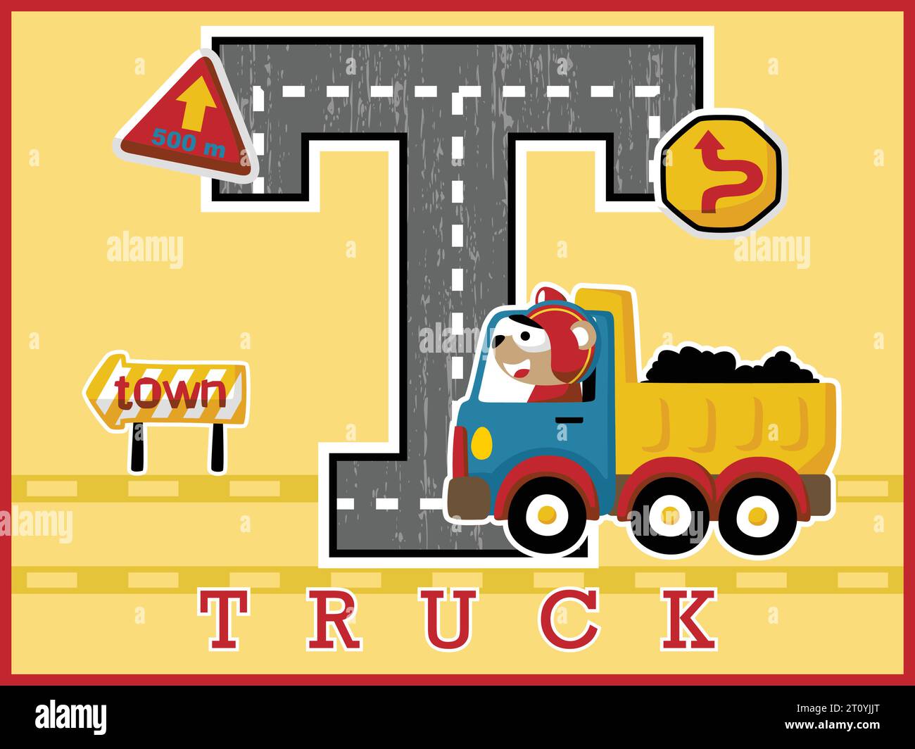 Cartoni animati vettoriale di simpatici orsi che guidano camion, illustrazione di elementi industriali su alfabeto Big T. Illustrazione Vettoriale