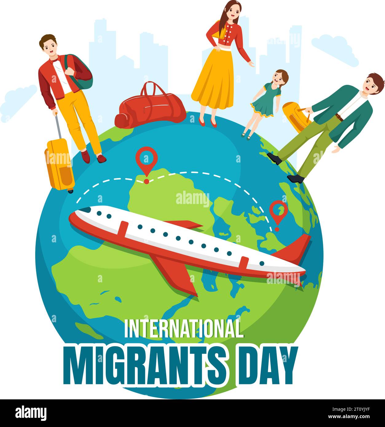 Giornata internazionale dei migranti illustrazione vettoriale il 18 dicembre con le persone immigrate e i rifugiati per la protezione dei diritti umani sullo sfondo Illustrazione Vettoriale