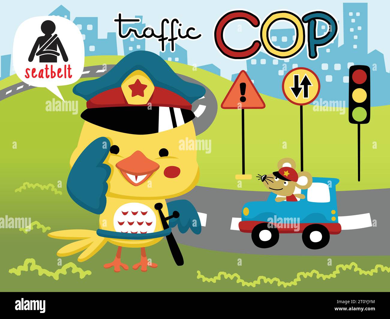 Cartoni animati vettoriali di graziosi uccelli in accessori poliziotti, auto con mouse, illustrazione degli elementi del traffico cittadino Illustrazione Vettoriale