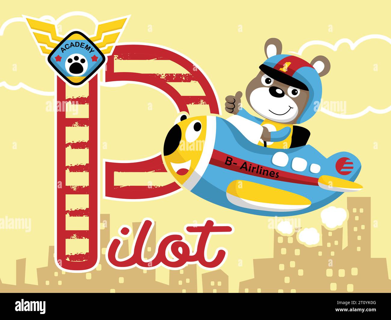Vettore di cartoni animati di un simpatico pilota di orsi su un divertente aereo che vola attraverso gli edifici Illustrazione Vettoriale