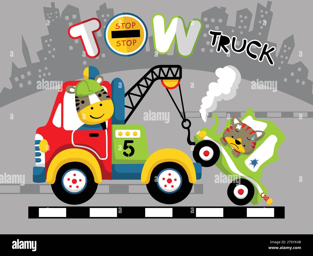 Vettore di cartoni animati di guida zebra autocarro che tira un'auto in avaria con gatto sullo sfondo degli edifici Illustrazione Vettoriale