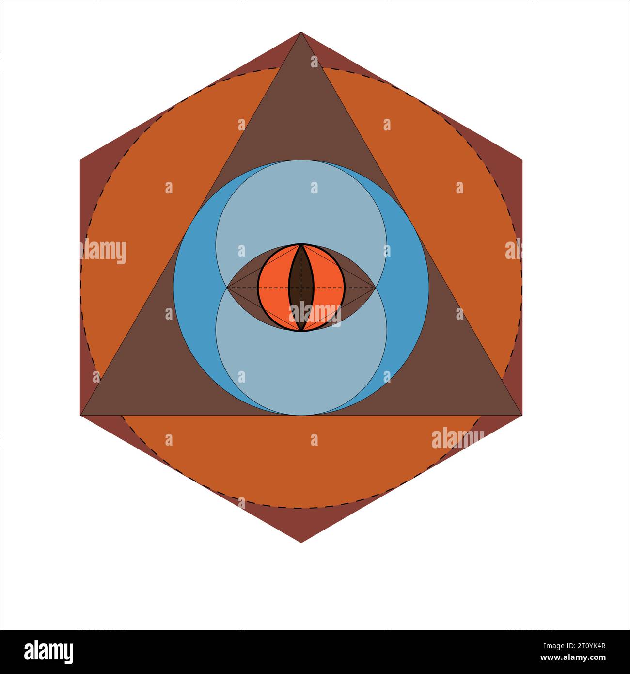 Vesica piscis Sacred Geometry. Tutti gli occhi che vedono, il terzo occhio o l'occhio della Provvidenza all'interno delle linee circolari. L'occhio del cielo e della terra mistici di Phi Illustrazione Vettoriale